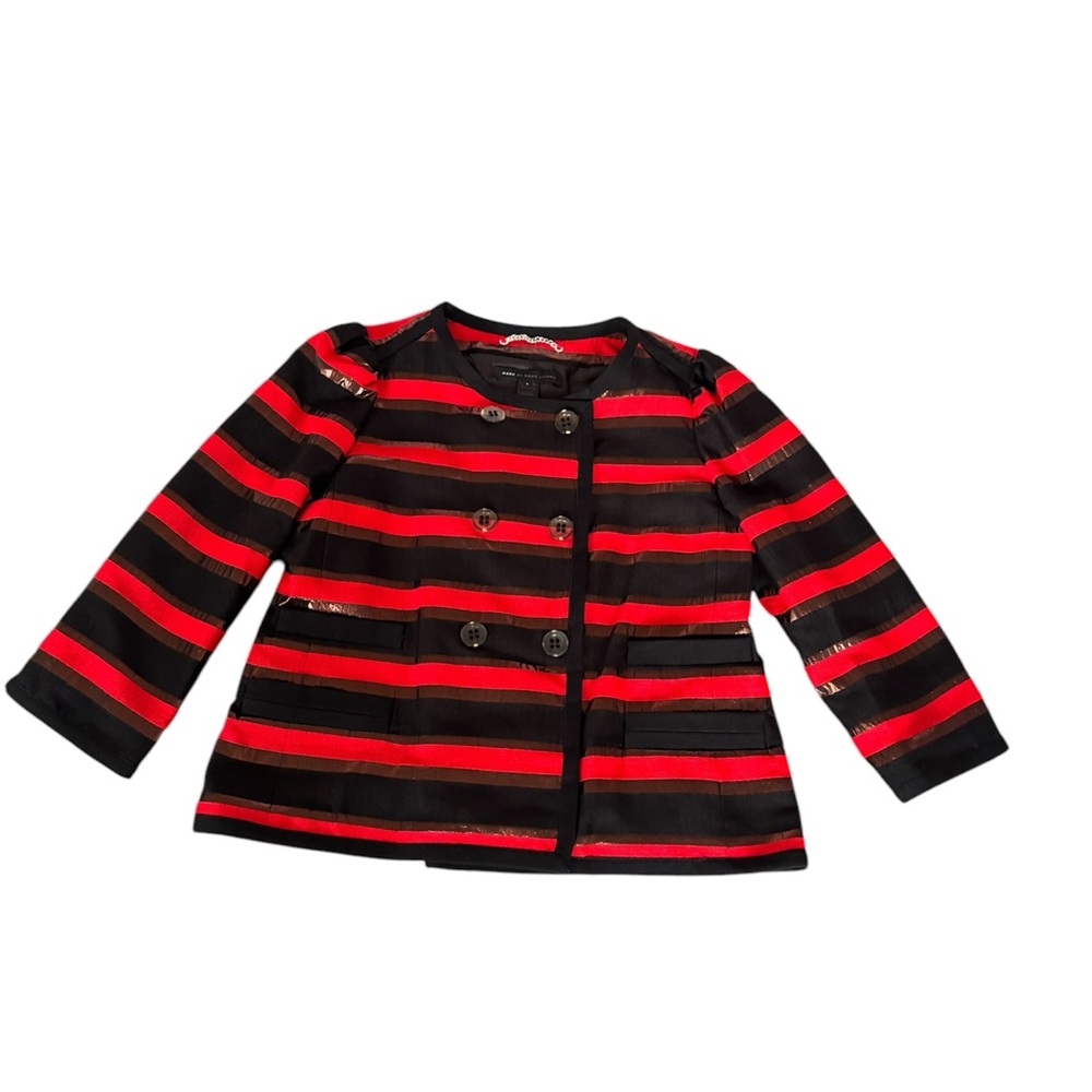 MARC BY MARC JACOBS WOMEN’S SNAP CLOSURE JACKET RED BLACK STRIPED SZ LARGE